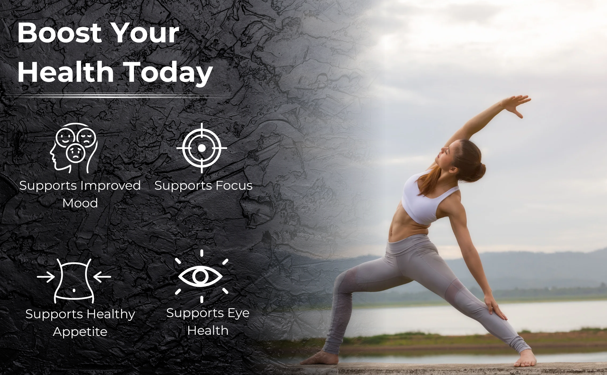 Woman practicing yoga with health benefits text on a natural background. Leah Rose Essentials Saffron Extract Supports a Healthy Appetite by reducing late night snacking