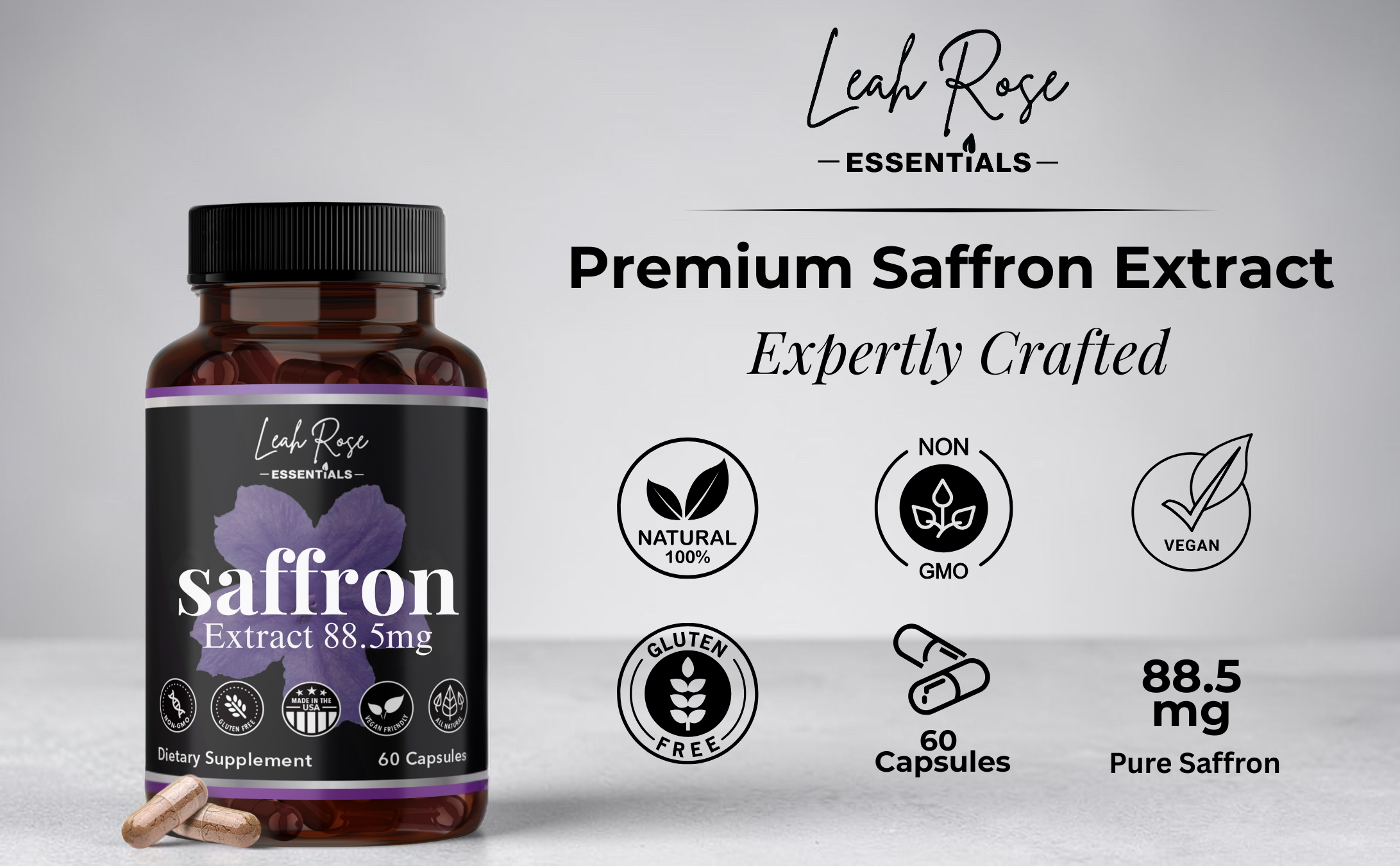 Leah Rose Essentials saffron extract supplement bottle with branding and product details on a light gray background