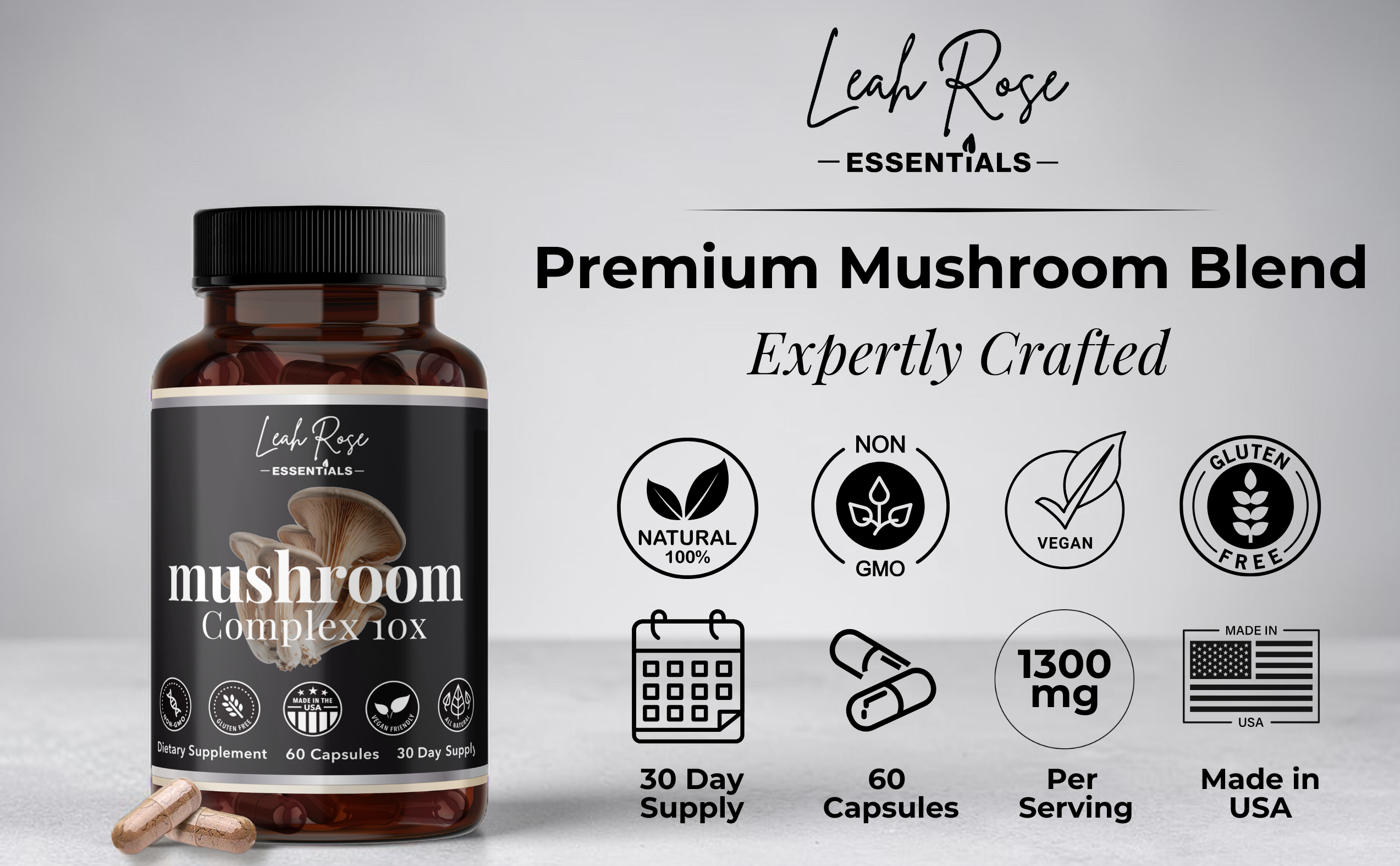 Bottle of Leah Rose Essentials Premium Mushroom Blend with product details on a light gray background