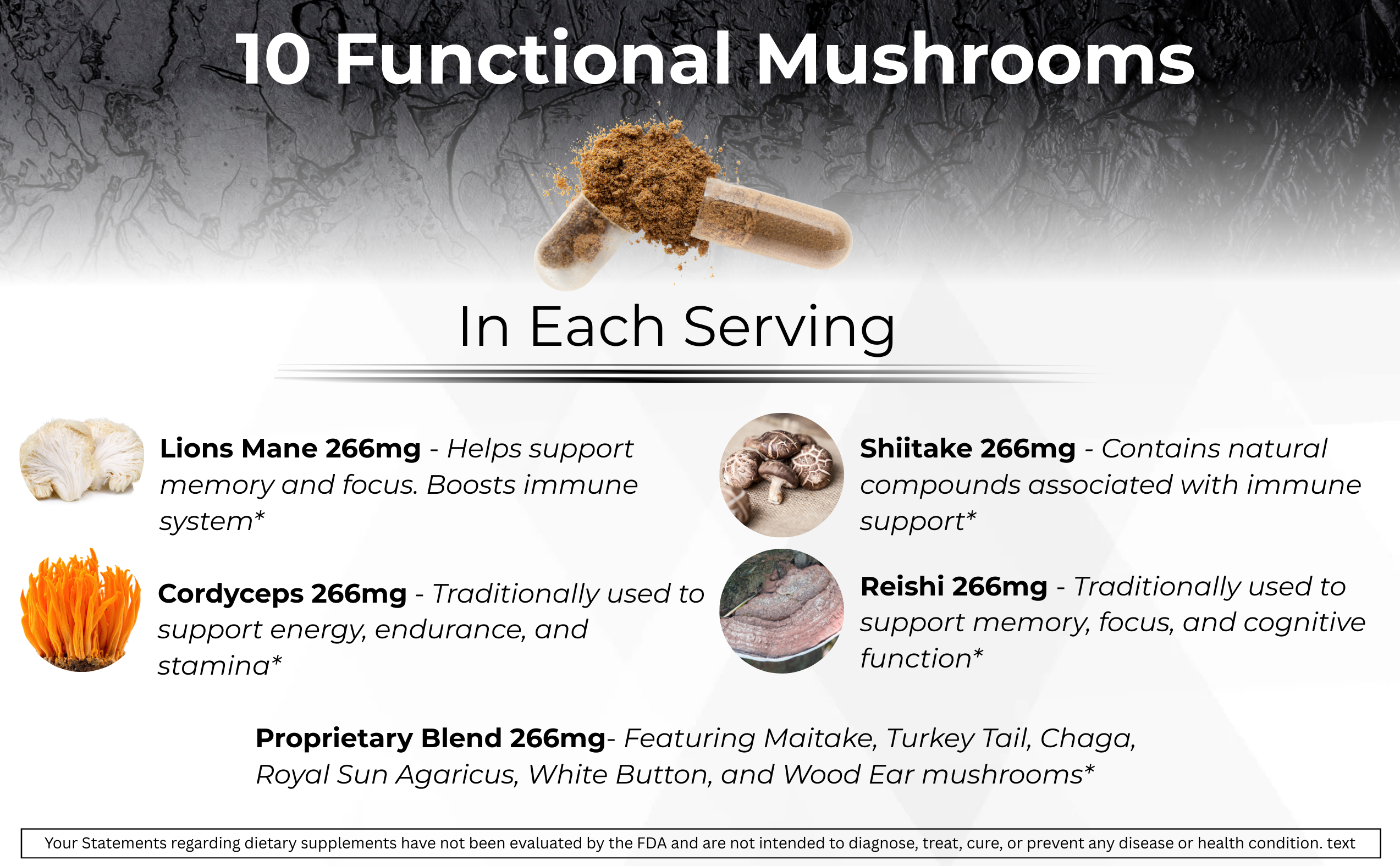 Infographic about functional mushrooms with images and text on a dark background