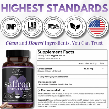 Supplement bottle with label and 'Highest Standards' certification logos on a white background. The best saffron extract on amazon