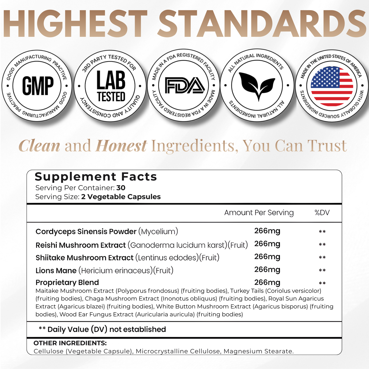 Supplement label with various certification logos and ingredient details. Leah Rose Essentials offers clean honest ingredients at an affordable price