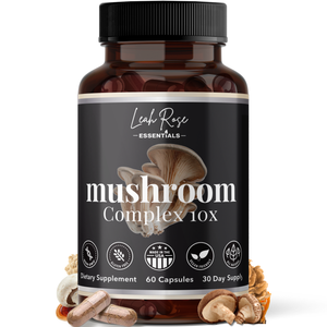 Supplement bottle labeled 'Mushroom Complex 10x' by Leah Rose Essentials on a white background.
