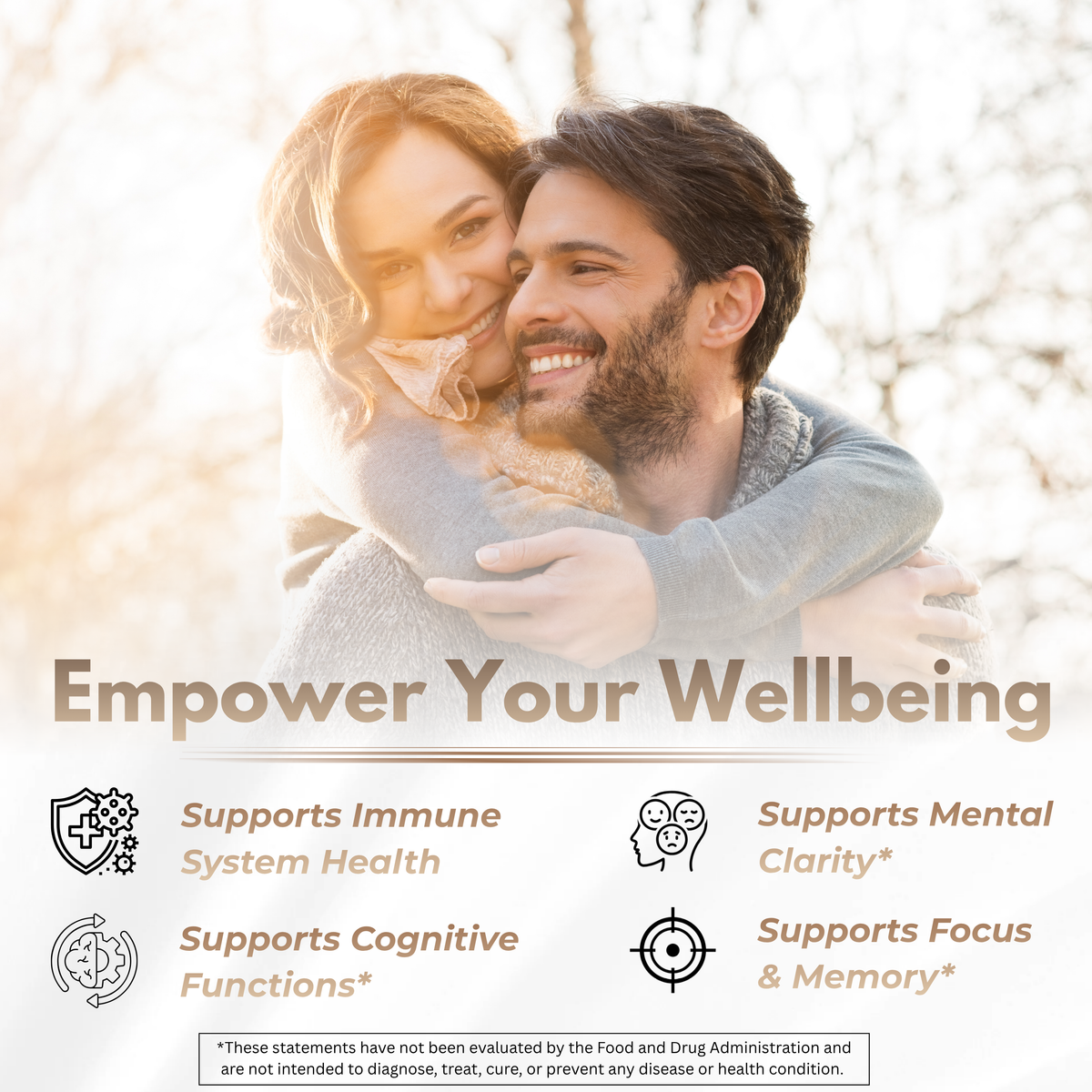 Couple embracing outdoors with wellness product benefits text overlay