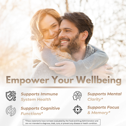 Couple embracing outdoors with wellness product benefits text overlay
