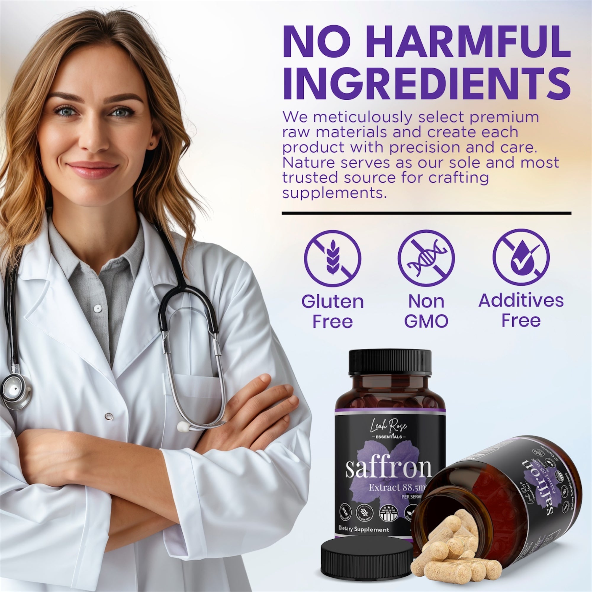 Leah Rose Essentials saffron extract contains no harmful ingredients. Our saffron pills are gluten free, non gmo, and free of additives