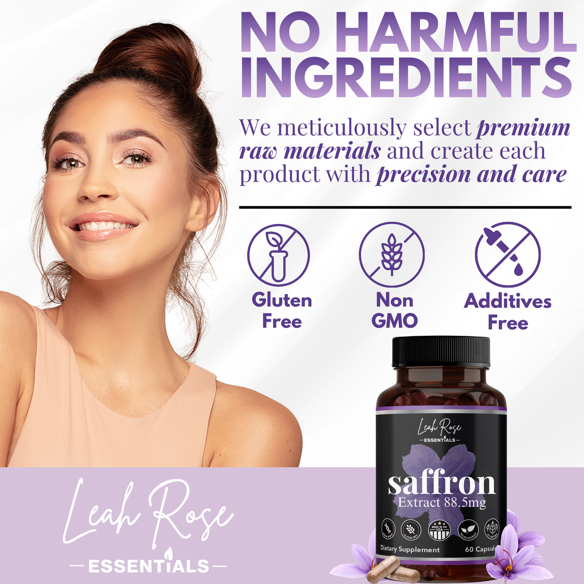 Woman with a bottle of saffron extract and product information on a white background