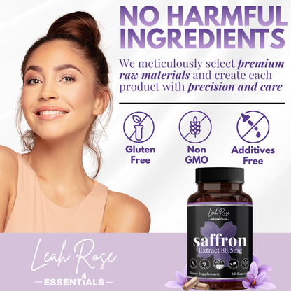 Woman with a bottle of saffron extract and product information on a white background