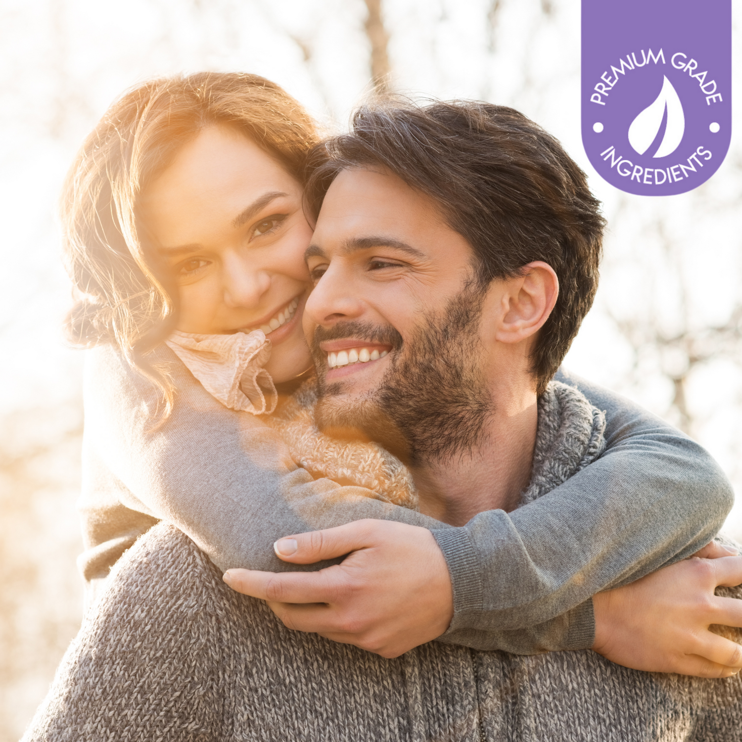 Couple hugging outdoors with a product label in the corner.Natural wellness supplements by Leah Rose Essentials including saffron supplement for mood support and mushroom complex for energy and focus