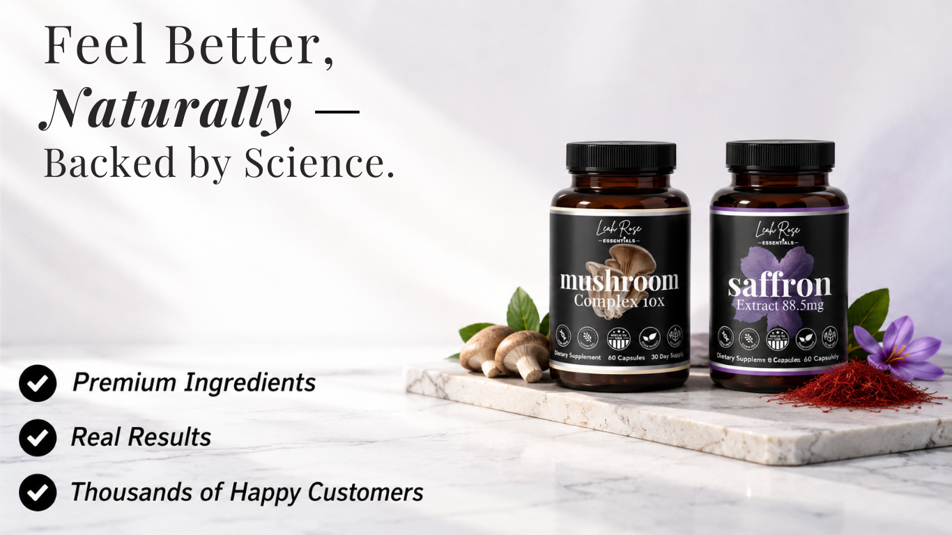 Leah Rose Essentials saffron extract 88.5mg and 10 mushroom complex supplements with premium ingredients for mood, focus, energy, immune support and wellness