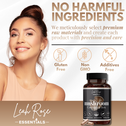 Woman with a bottle of Leah Rose Essentials mushroom complex tox supplement on a beige background