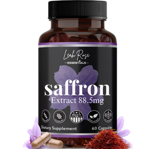 Amazons best saffron supplement. Bottle of USA made saffron extract supplement with purple label and saffron strands on a white background