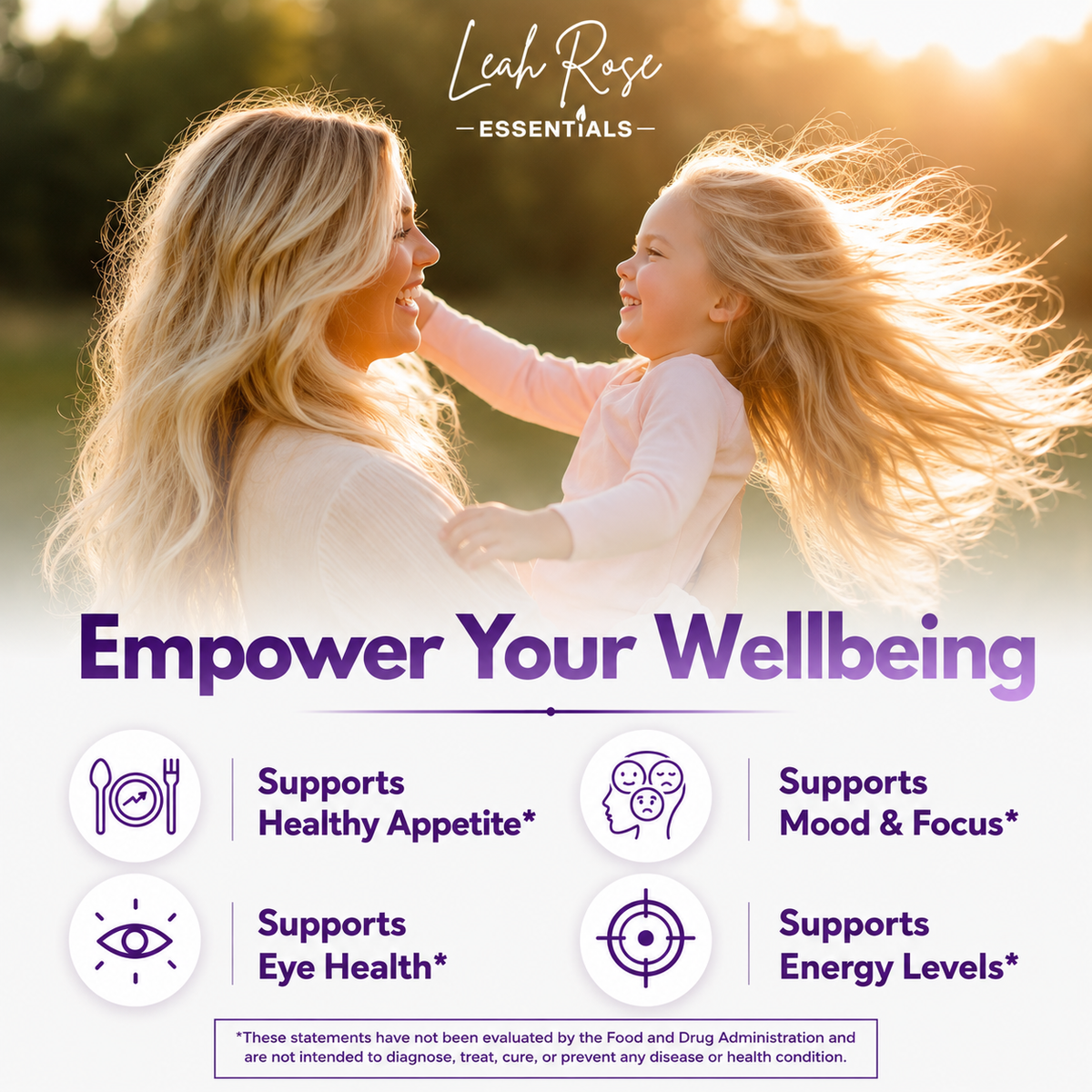 Woman holding a child with 'Leah Rose Essentials' branding and product benefits text.