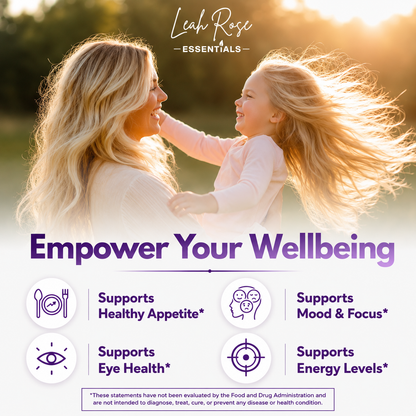 Woman holding a child with 'Leah Rose Essentials' branding and product benefits text.