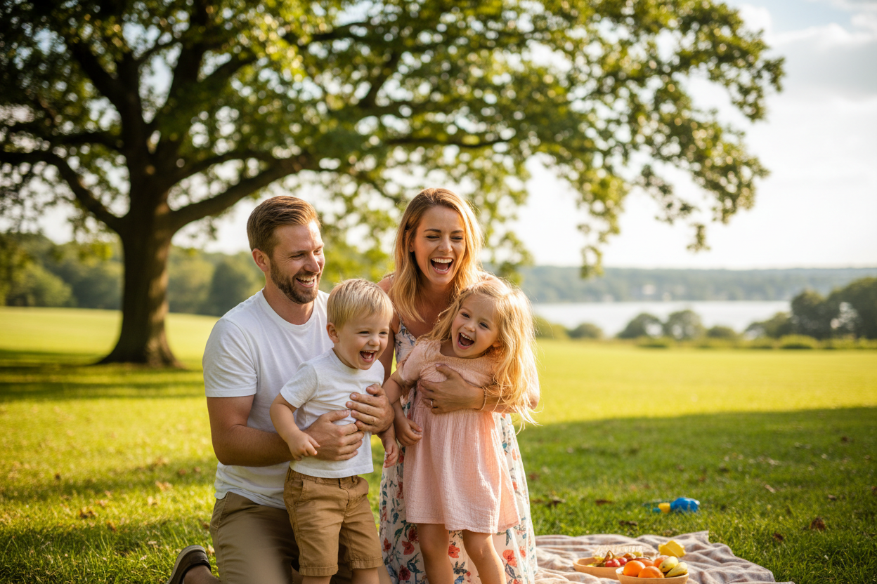 Happy family enjoying time together with Leah Rose Essentials Saffron Supplement, natural saffron extract supplement for mood support, focus, and everyday wellness.