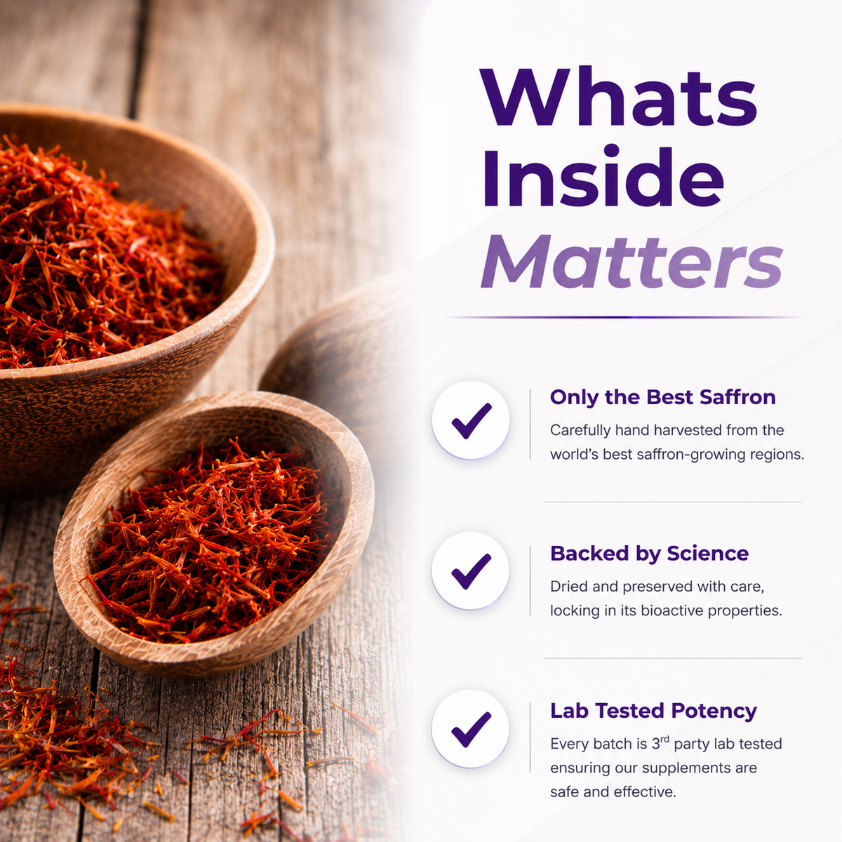 Wooden bowls and spoon filled with saffron on a wooden surface, with text about saffron quality and testing.