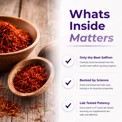 Wooden bowls and spoon filled with saffron on a wooden surface, with text about saffron quality and testing.